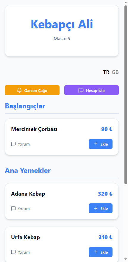 Müşterinin telefonunda açılan QR menü: kategoriler, ürün fiyatları, garson çağır ve hesap iste butonları